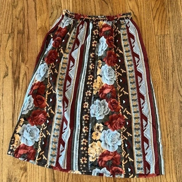 Vintage size 10 women's skirt elastic waist rose flowers with orange red brown - Picture 5 of 9